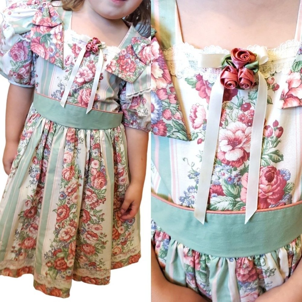 Vintage 90s Girls Floral‎ Puff Sleeve Party Dress Sage Green Pink Bows Lace Sz 6